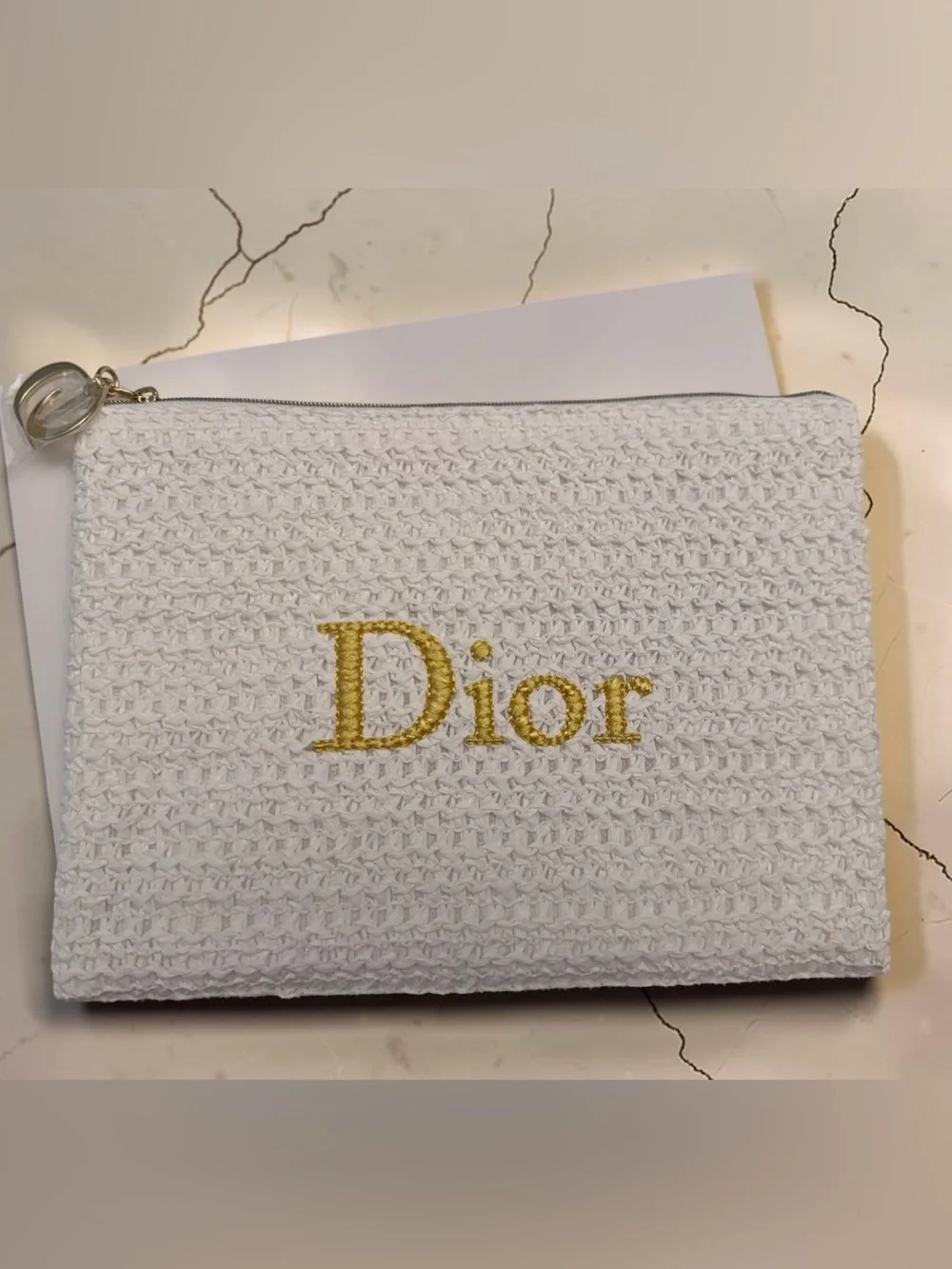 AUTHENTIC GWP Dior White Crochet Pouch with Gold Embroidered logo